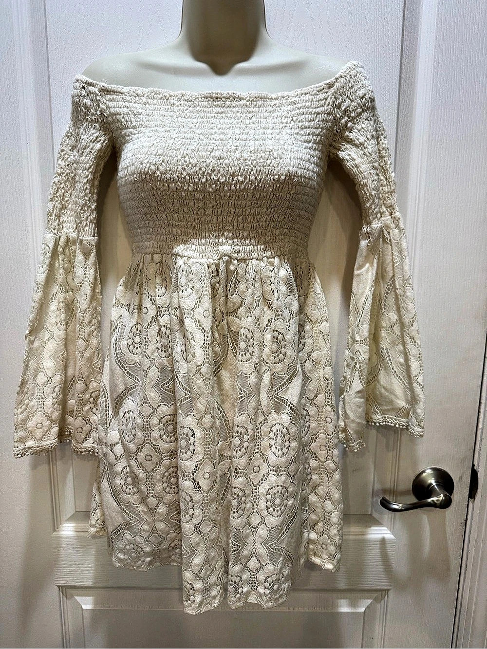 Xhilaration Off the Shoulder Lace Smocked Bell Sleeve Dress Floral Mini Cream XS